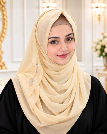 Ivory Cream Embellished Chain & Crystal Detail Hijab