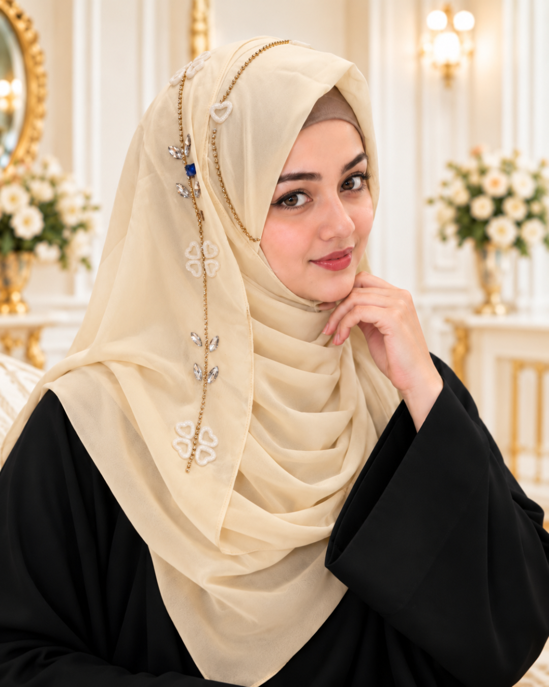 Ivory Cream Embellished Chain & Crystal Detail Hijab