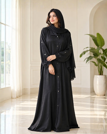 Black Textured Button-Front Abaya with Chiffon Sleeves