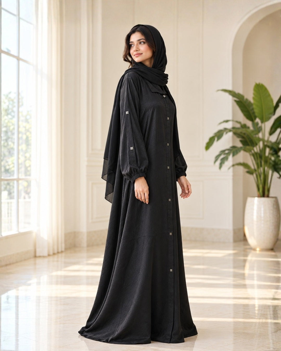 Black Textured Button-Front Abaya with Chiffon Sleeves