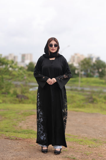 Black Floral Embroidered Net Statement Abaya