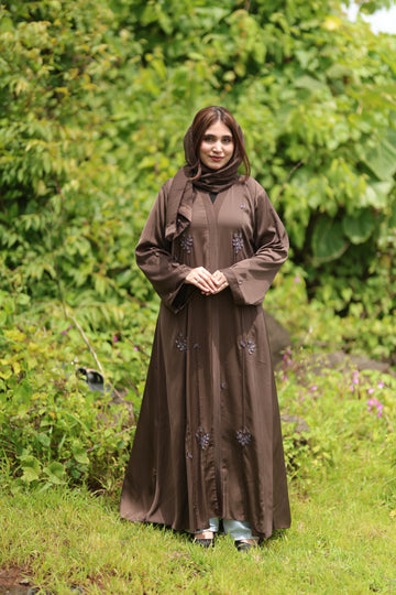 Elegant Brown Embroidered Open-Front Abaya with Floral Detailing