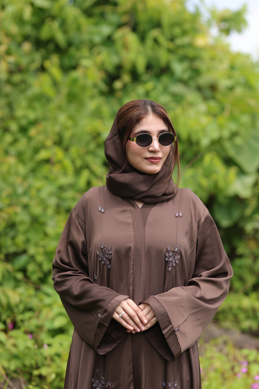 Elegant Brown Embroidered Open-Front Abaya with Floral Detailing