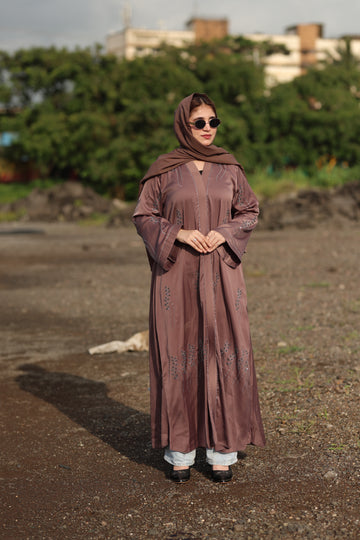 Mocha Brown Floral Embroidered Abaya with Matching Hijab