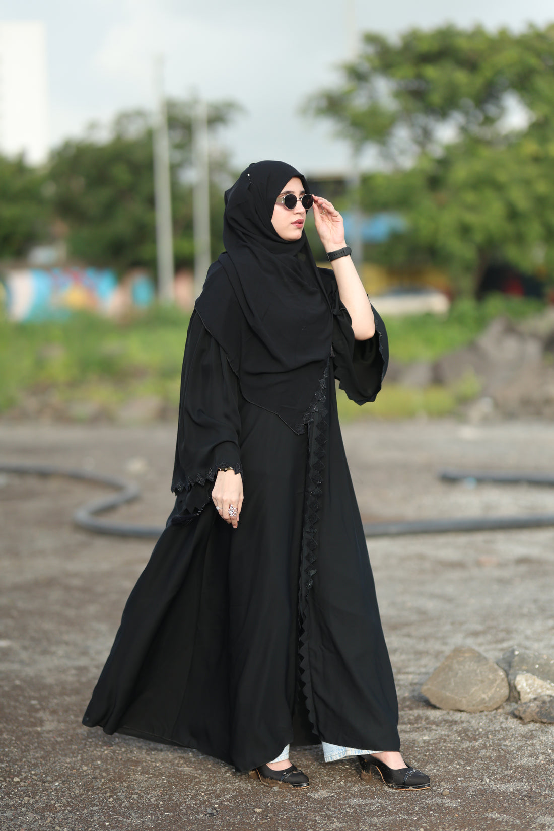 Classic Black Layered Abaya with Lace Trim & Matching Hijab