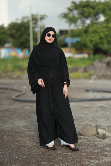 Classic Black Layered Abaya with Lace Trim & Matching Hijab