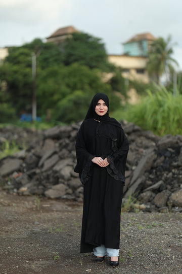 Classic Black Layered Abaya with Elegant Lace Detailing