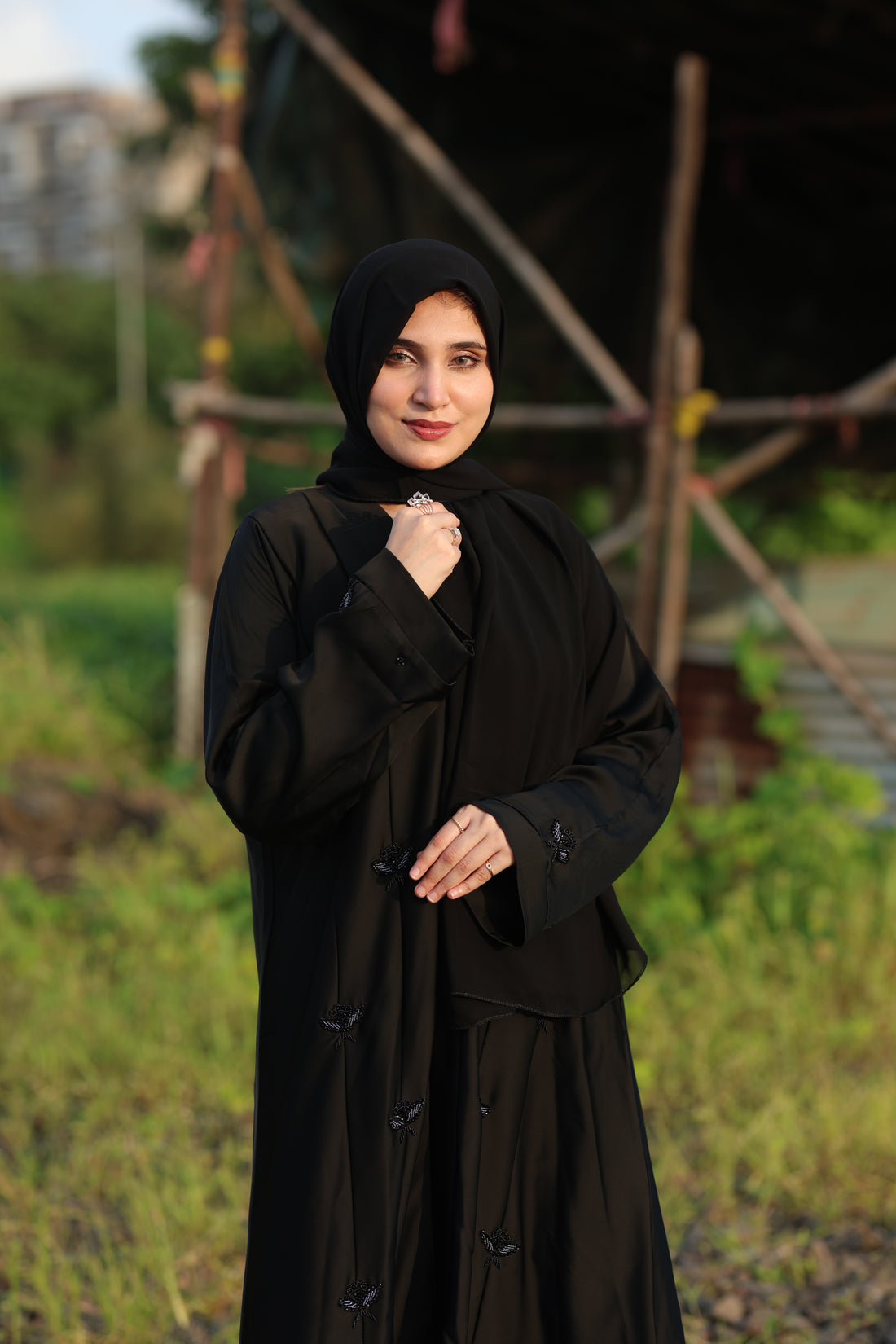 Black Floral Embroidered Layered Abaya