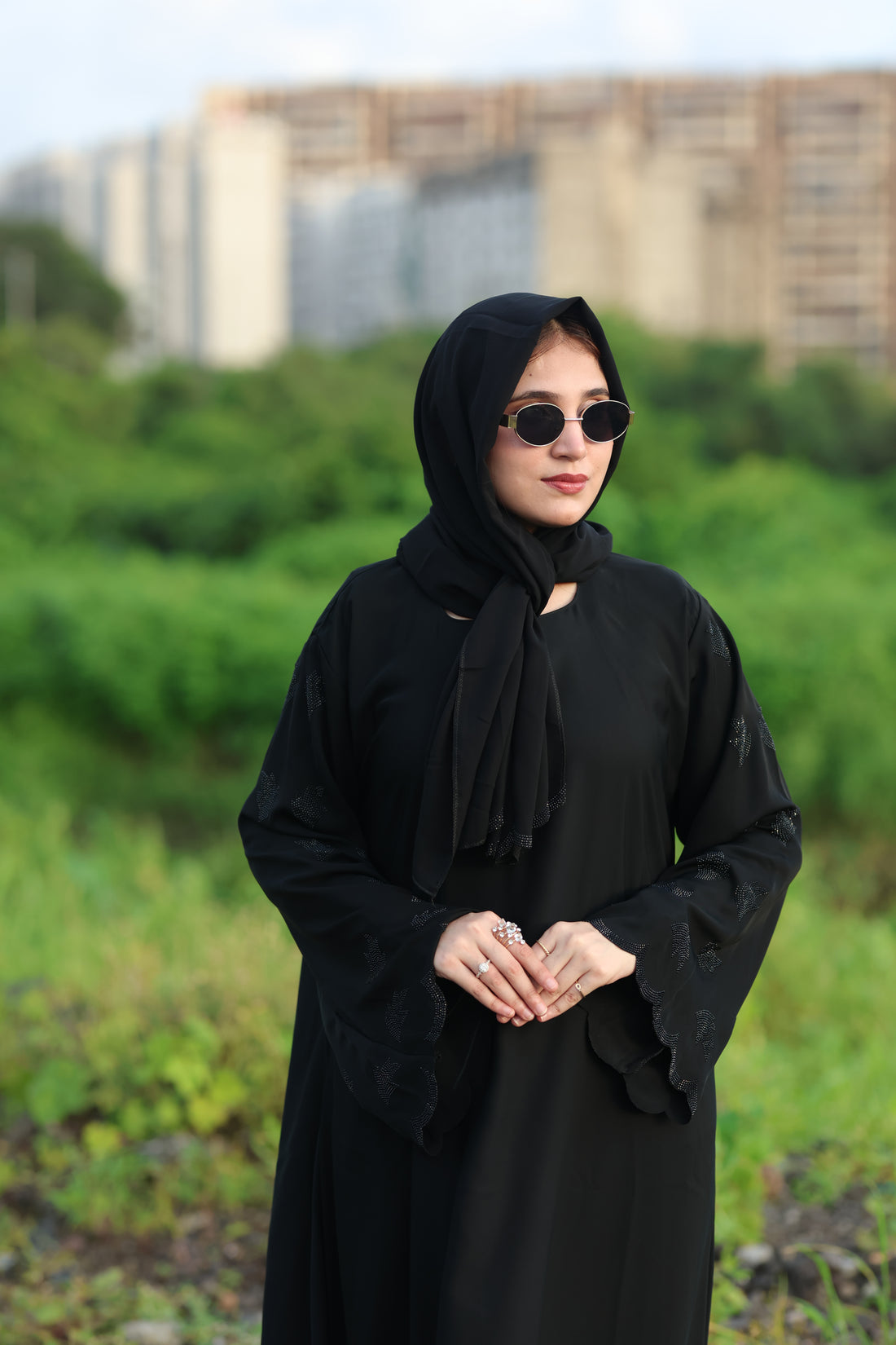 Black Embroidered Flare Abaya with Scalloped Sleeves