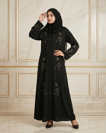 Black Floral Embroidered Front Open Premium Abaya