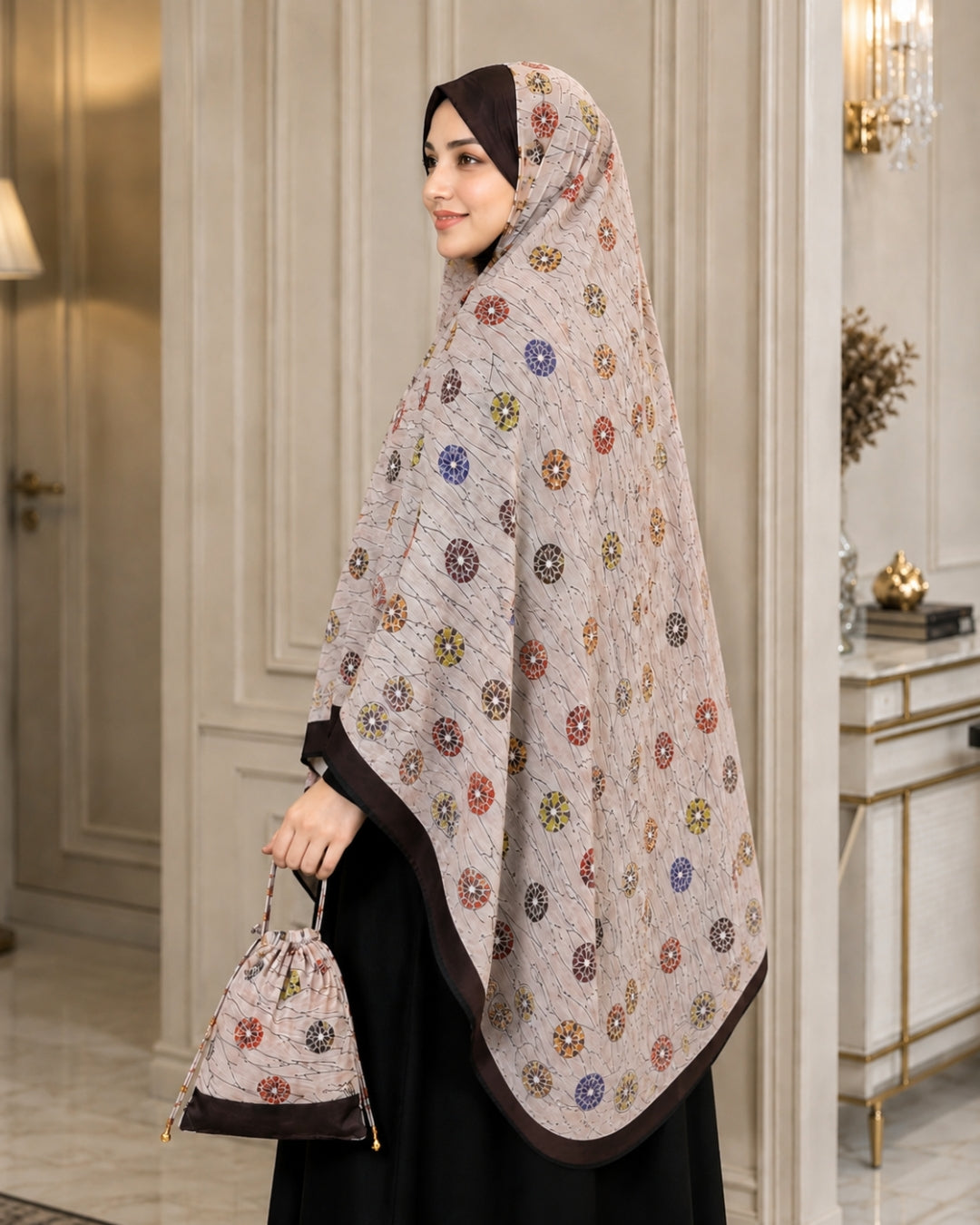 Premium Printed Prayer Khimar Set with Matching Pouch