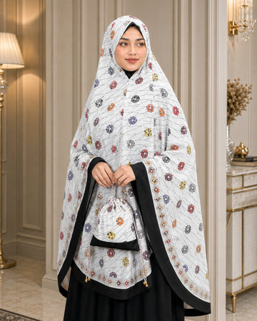 White Printed Prayer Khimar Set with Matching Pouch