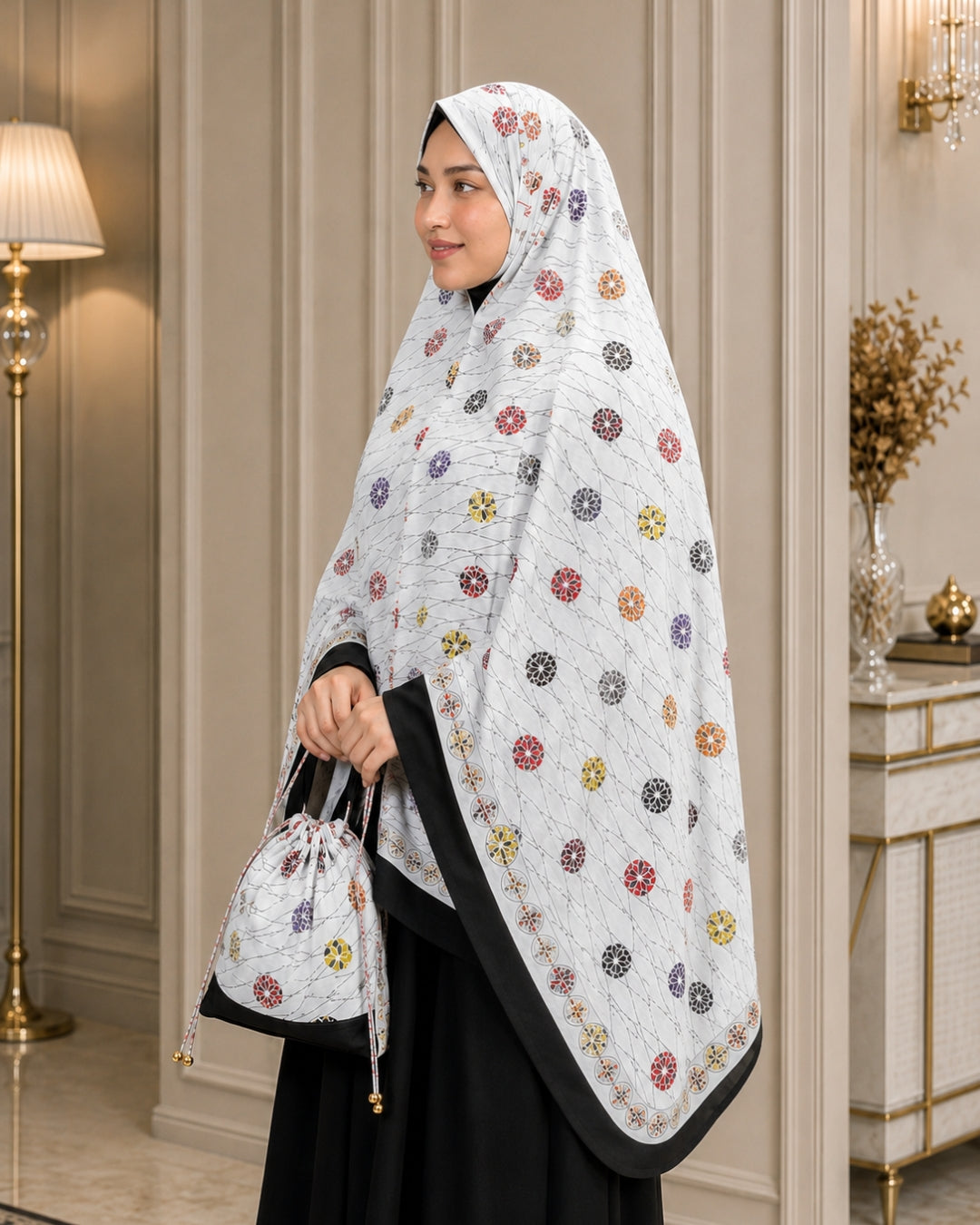 White Printed Prayer Khimar Set with Matching Pouch