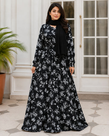 Ayla Black Floral Printed Abaya