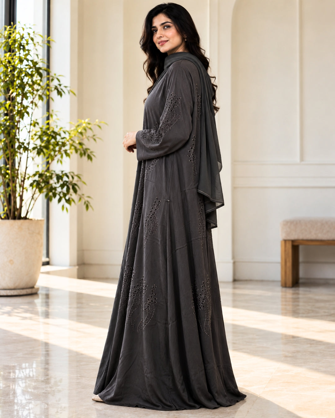 Dark Grey Floral Diamond Abaya with Matching Hijab