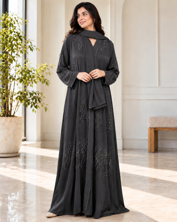 Dark Grey Floral Diamond Abaya with Matching Hijab