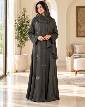Elegant Dark Grey Handwork Abaya with Floral Detailing