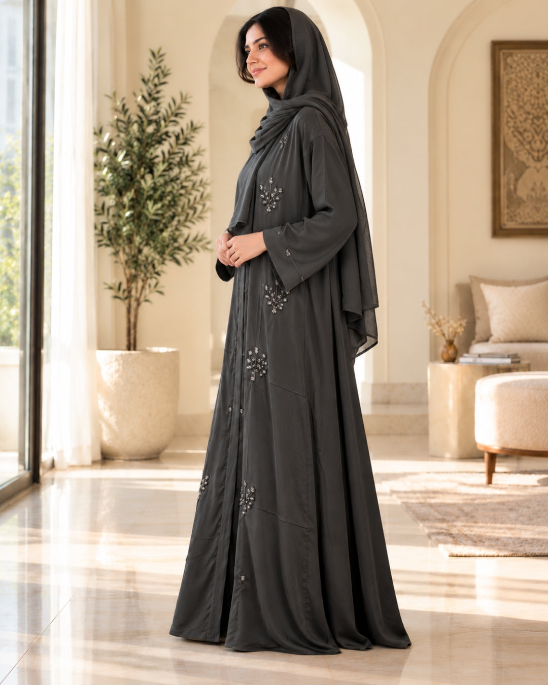 Elegant Dark Grey Handwork Abaya with Floral Detailing