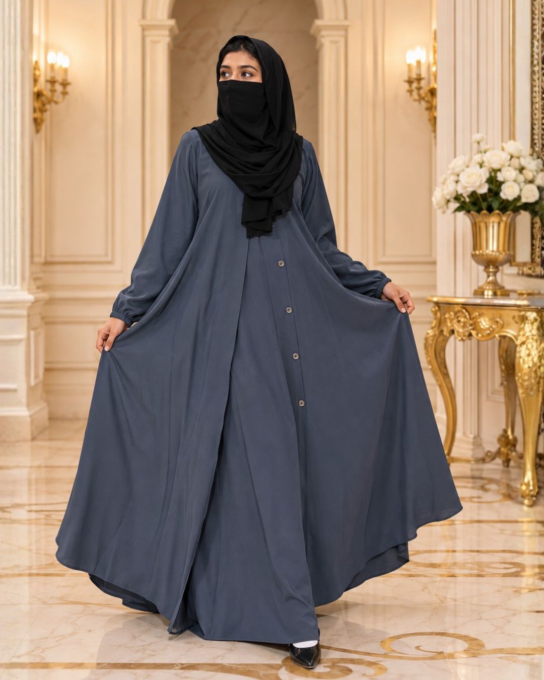 Premium Slate Grey Front Button Abaya