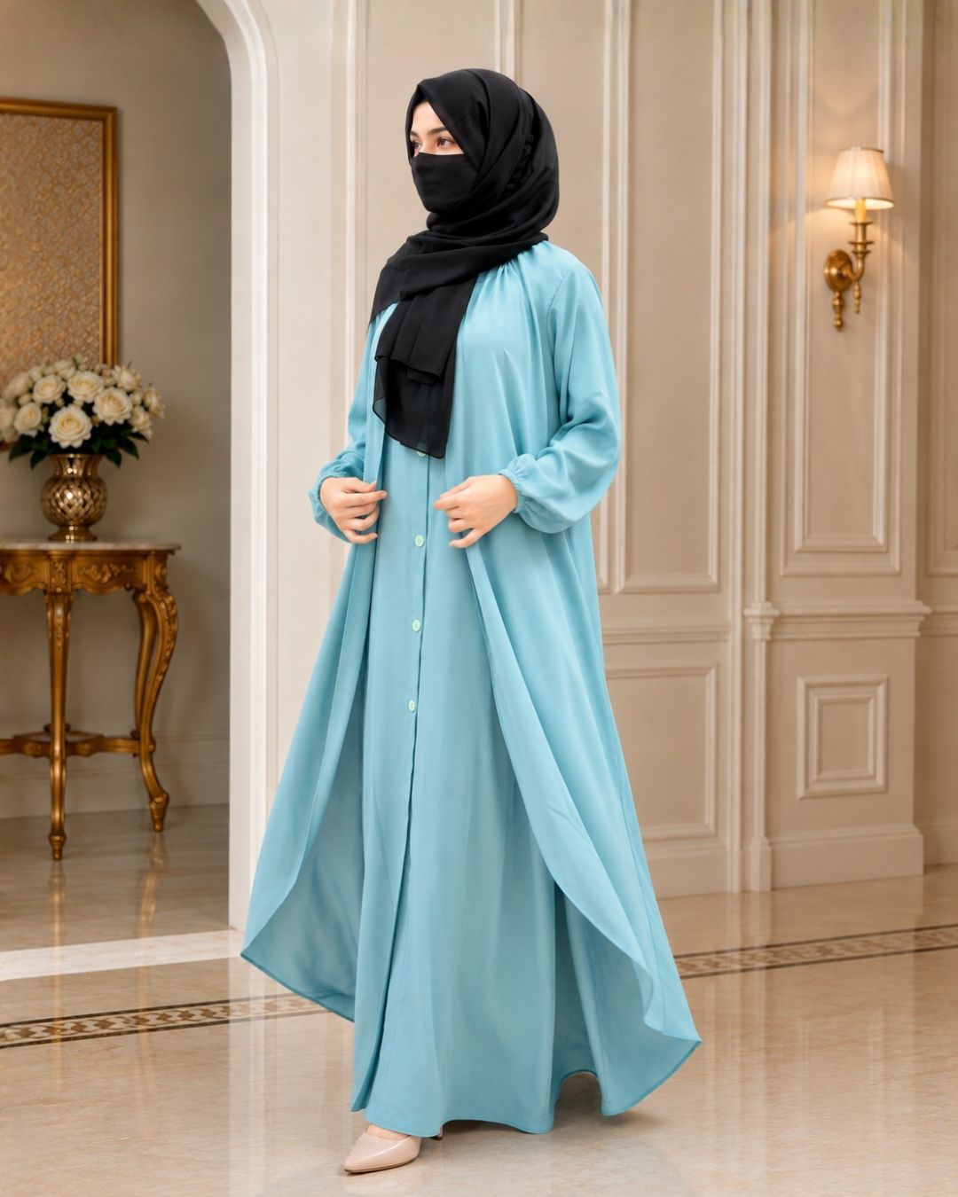 Premium Sky Blue Front Button Abaya