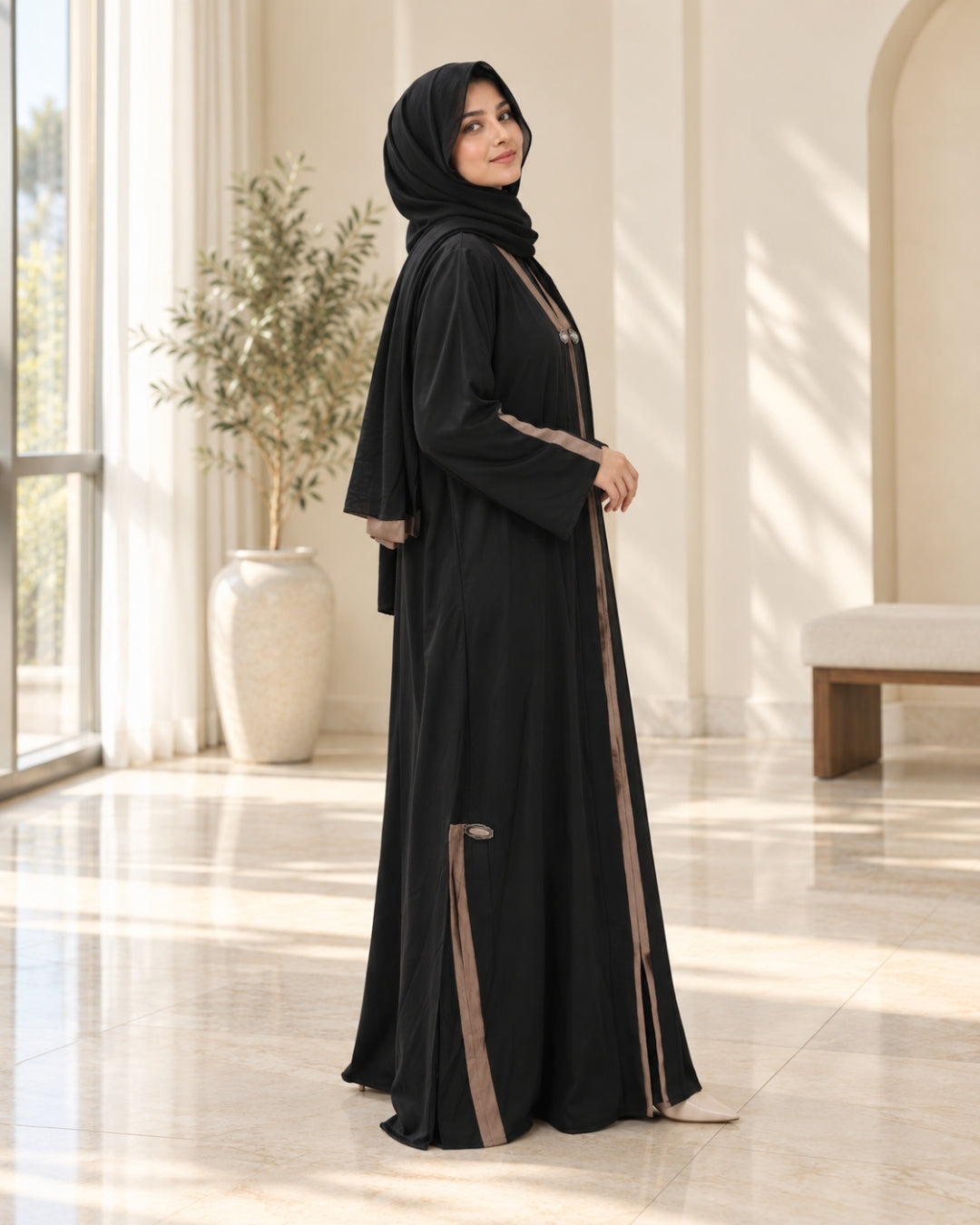 Black & Mocha Front Open Luxury Abaya