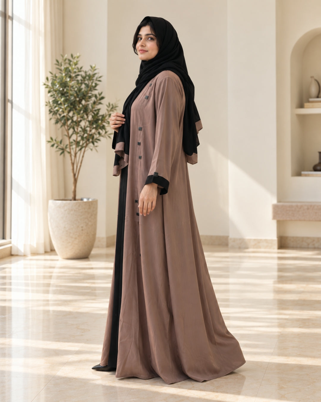 Mocha Contrast Trim Open Abaya