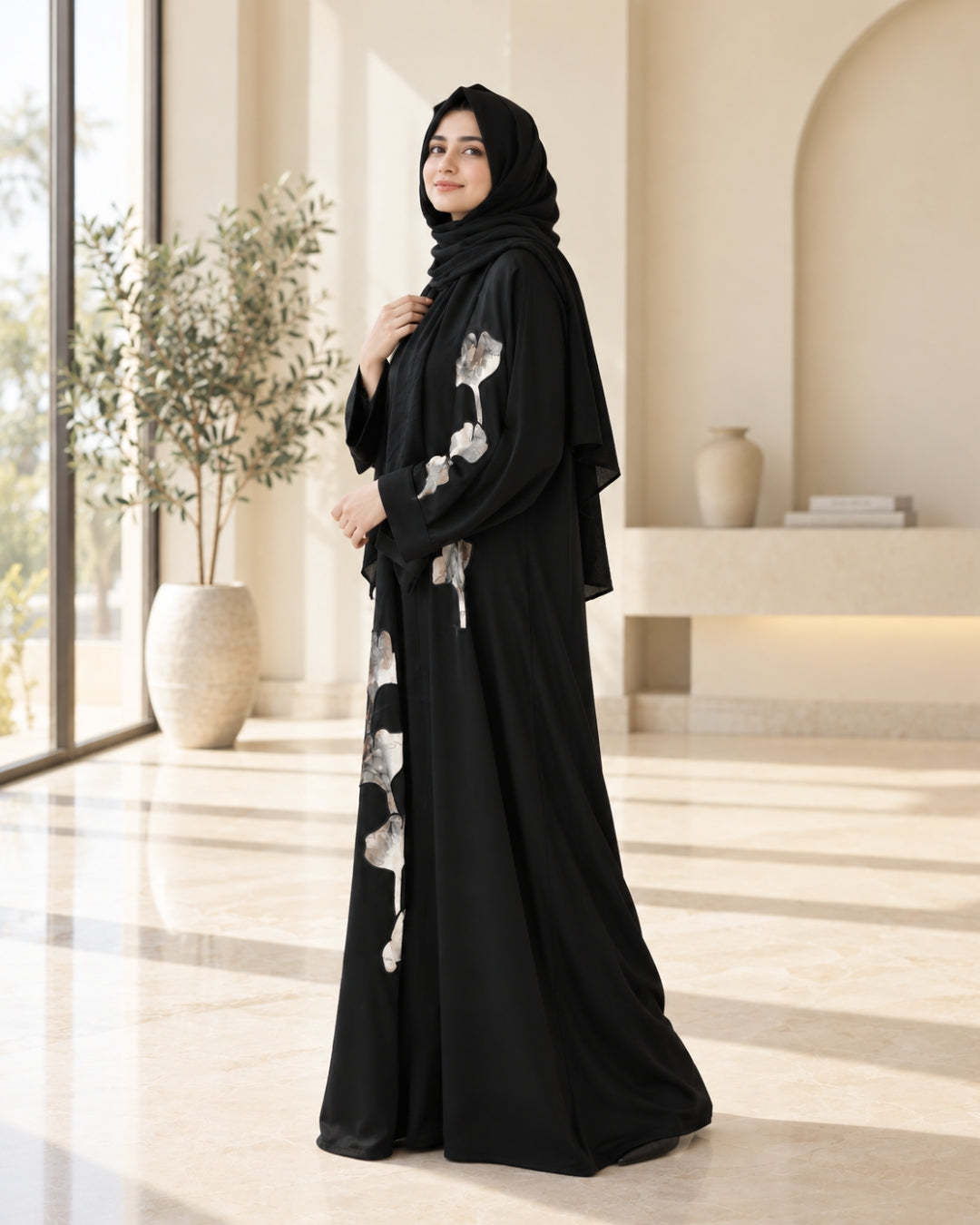 Noir Floral Motif Abaya