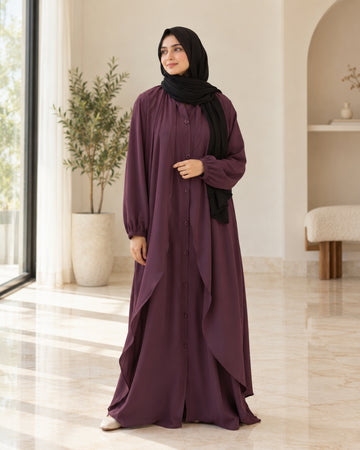 Plum Purple Layered Button-Front Abaya