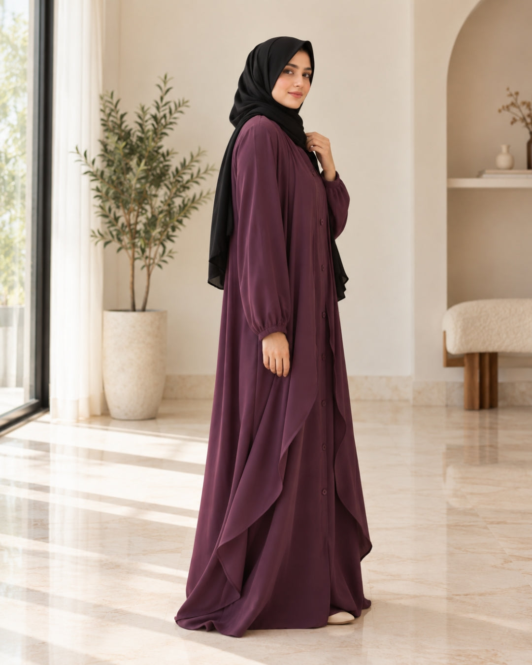 Plum Purple Layered Button-Front Abaya
