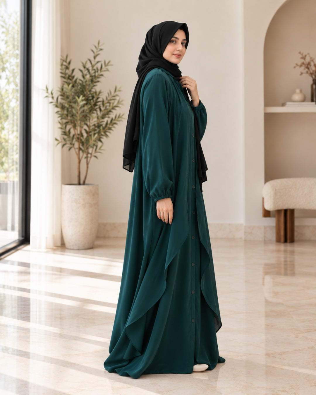 Emerald Green Button-Front Flowing Abaya