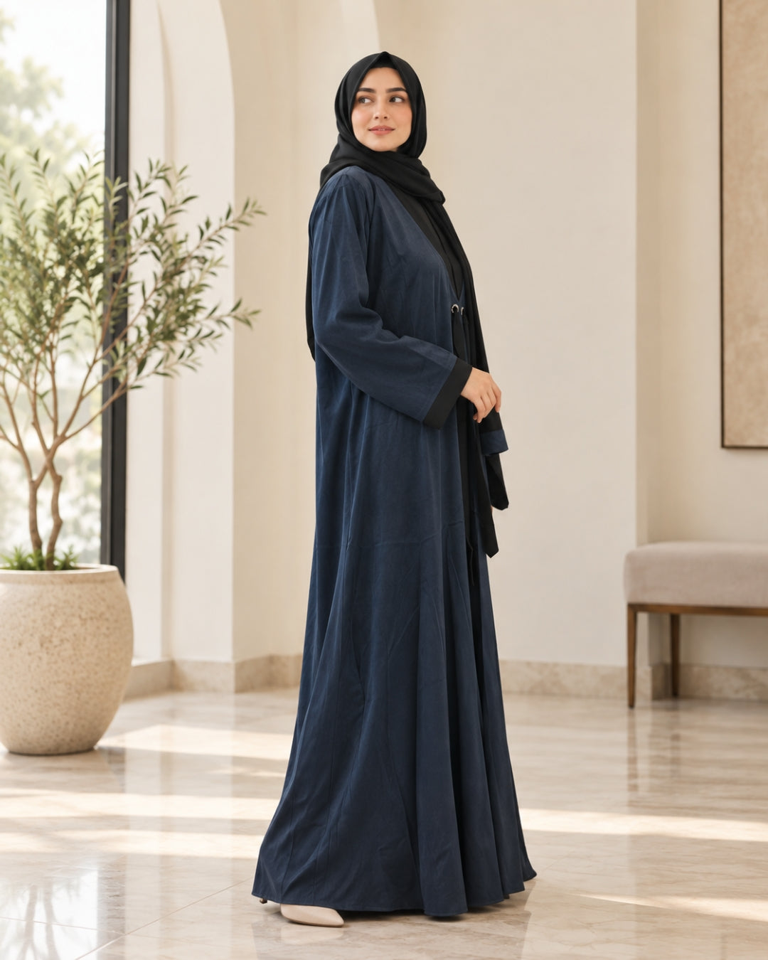 Navy Tie-Front Open Abaya